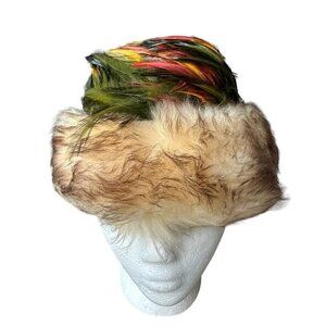 VTG Deborah Exclusive Feathers Cloche Hat Multi Color Beige Felt Wool Inner Band